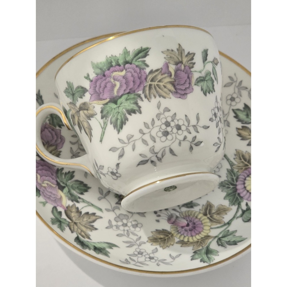 Wedgwood Avon Bone China Floral Gold Trim Cup & Saucer England Purple Floral
